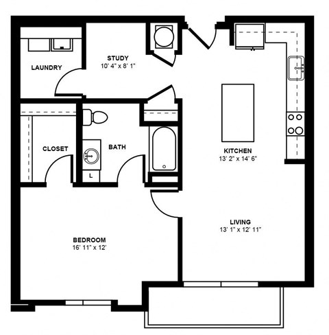 Floor plan for 1 bed, 1 bath, 918 sqft